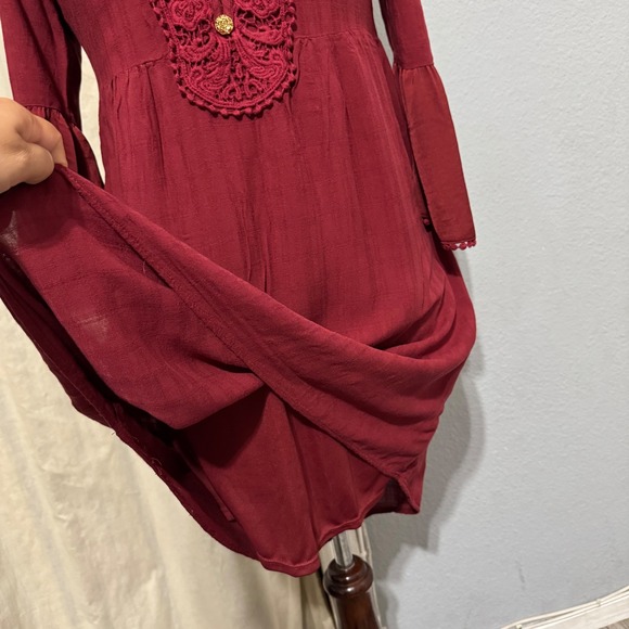 Knox Rose Women Burgundy Lace Front Bell Sleeve Boho Peasant Cottagecore Dress M - Picture 7 of 13